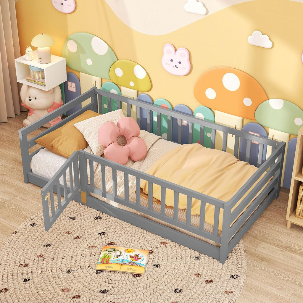Twin Floor Bed with High Fence & Door, Montessori Floor Bed with 21.5" Safety Guardrails, Solid Wood Twin Beds Frame