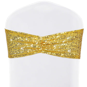 Gold Sequin Chair Sashes Bows 120 Pcs Glitter Chair Back Cover Ties Bands for Wedding Banquet Party Decor