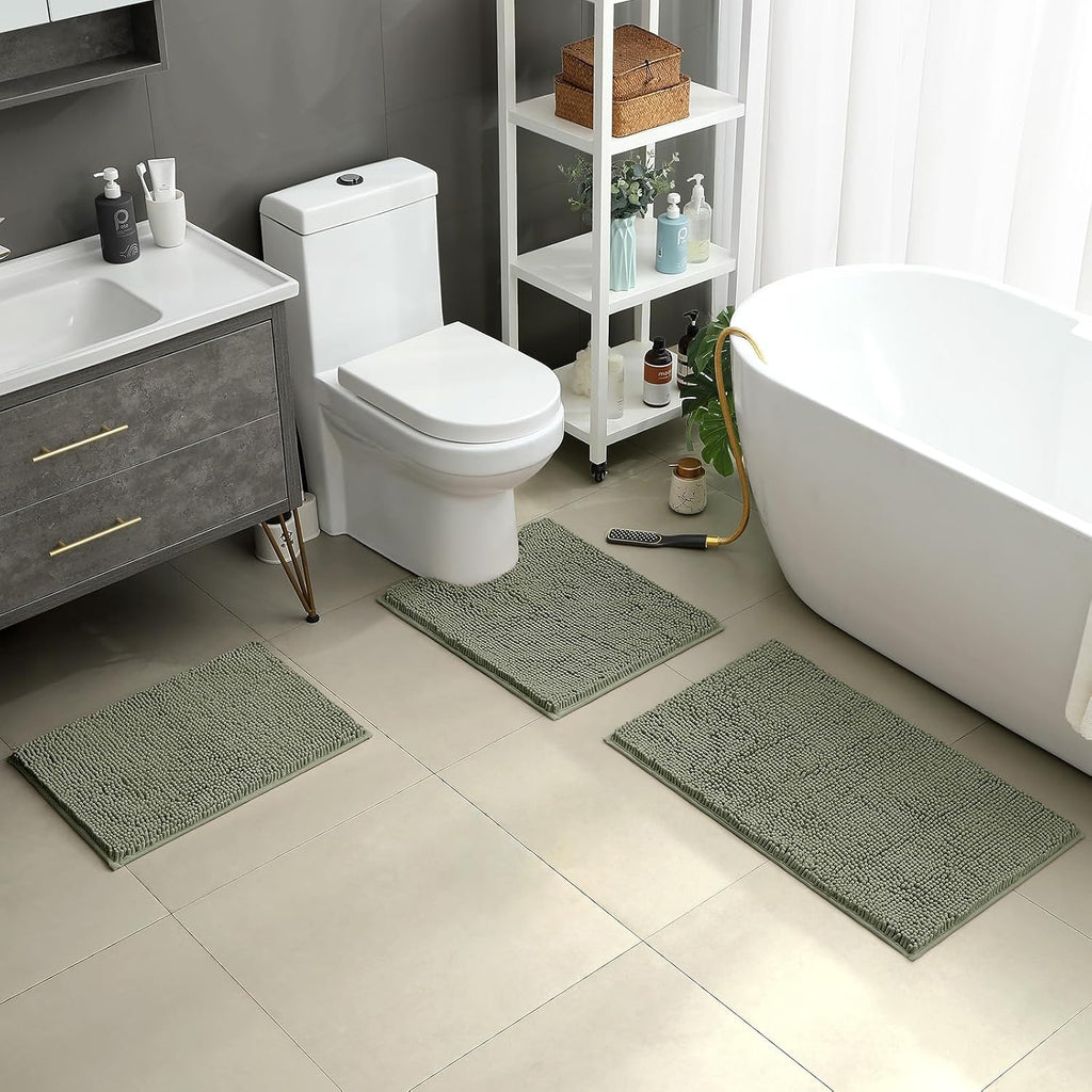 3 Pieces Bathroom Rugs, Ultra Soft Non Slip Absorbent Chenille Toilet Bath Mat Set (Sage Green)