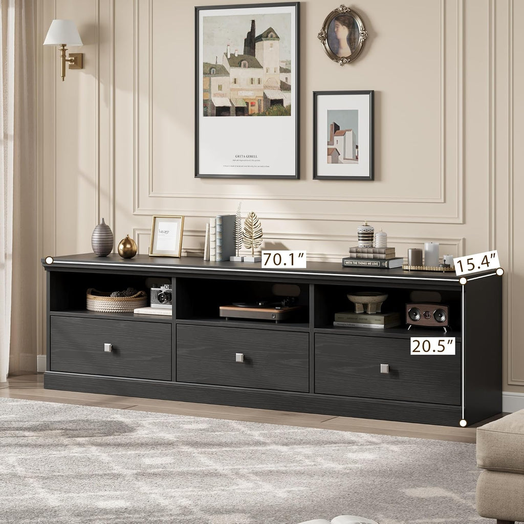 70in TV Stand for TVs up to 80", Mid Century Modern Entertainment Center with Storage Drawer and Open Shelves, TV