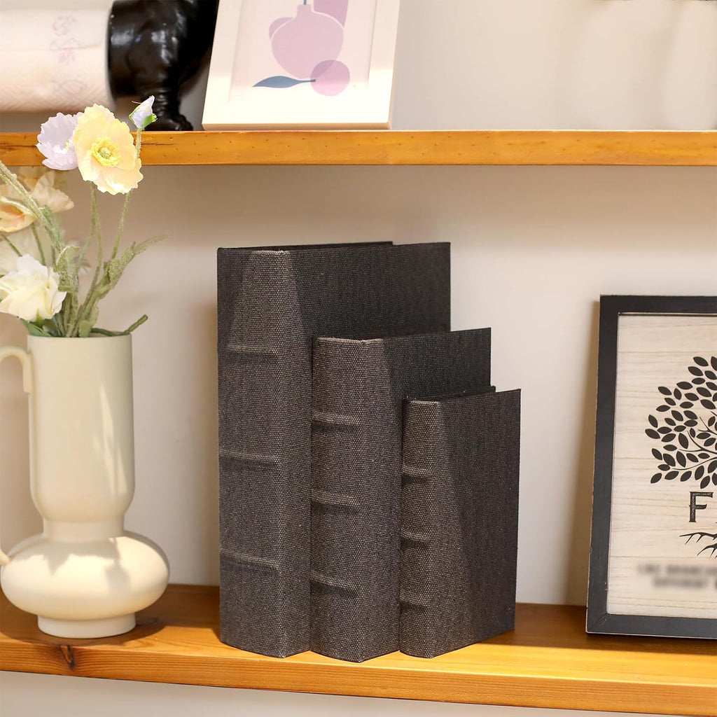 Decorative Book Boxes Set of 3 - Modern Faux Linen & Wood Hidden Storage for Coffee Table - Stackable Fake Books for