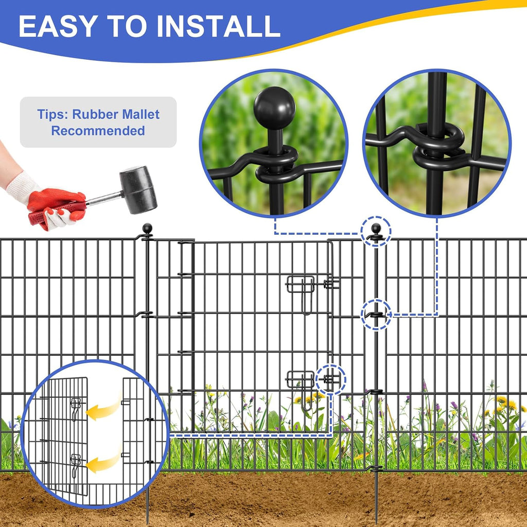 10 Panels No Dig Decorative Garden Fence with Gate, 40 in(H) X 23.6 ft(L) Outdoor Dog Rabbits Fence, Animal Barrier