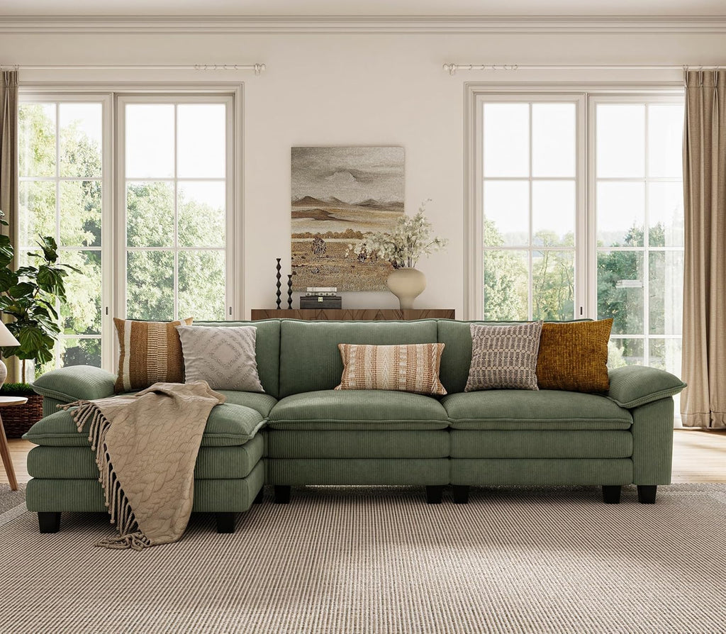HOME 123'' Modular Sectional Sofa Green Couch Corduroy Cloud Couches for Living Room