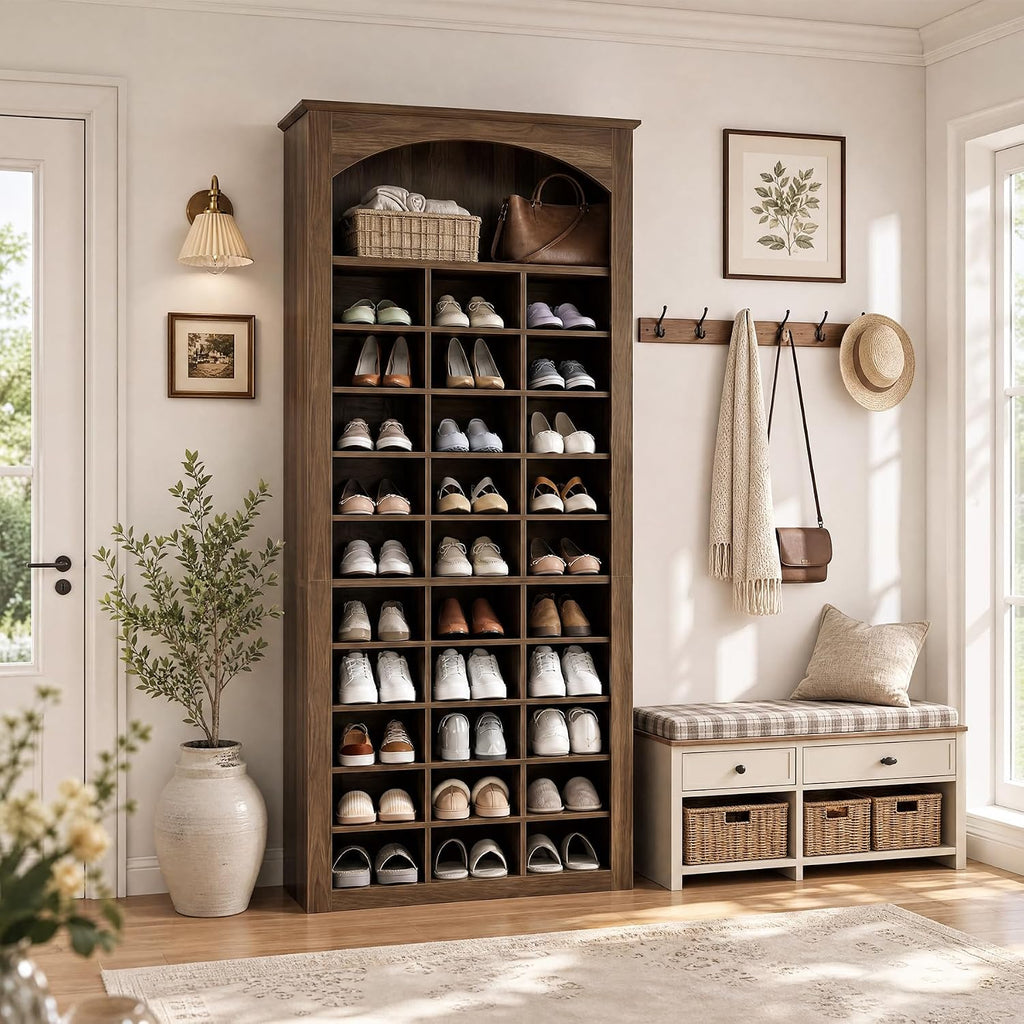 68.7" Tall Shoe Cabinet, 30-Cube Large Capacity Shoe Organizer with Arched Display Shelf, Rustic Entryway Storage for