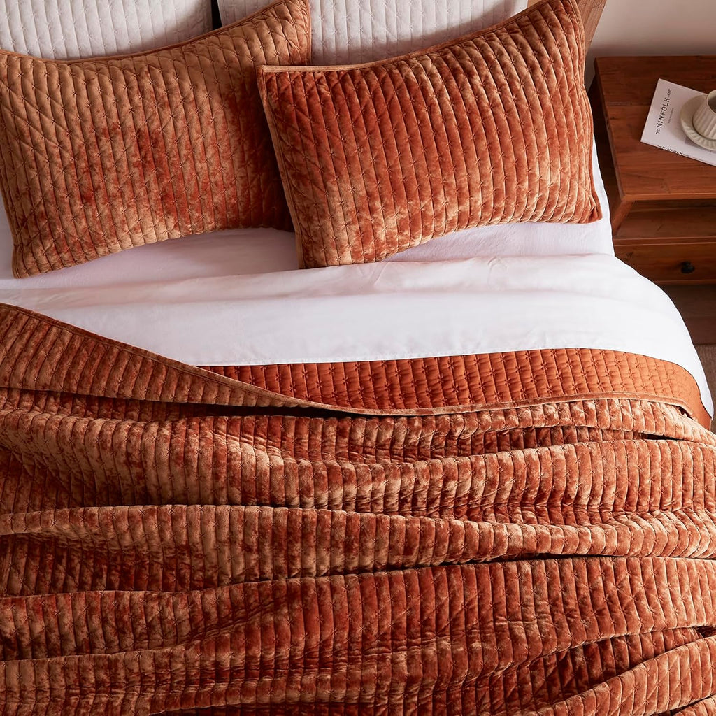 Velvet Quilt California King 118''x106'', Lightweight Burnt Orange Velvet Comforter Set with 2 Matching Shams, Soft