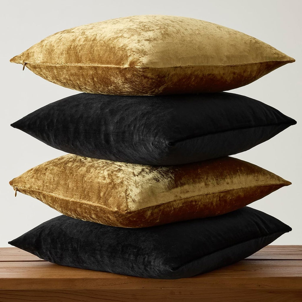Decorative Throw Pillow Covers 18 x 18,Gold Black Soft, Set of 4 Square Velvet Cushion Covers