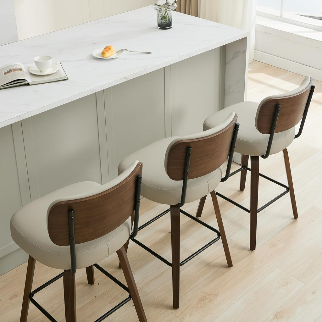 Swivel Bar Stools Set of 3, 26" Upholstered Counter Height Bar Stools with Back and Walnut Wood Legs, Faux Leather
