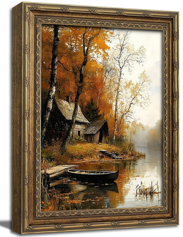 Gold Framed Wall Art, Vintage Fall Landscape Canvas Prints - Rustic Autumn Lake Cabin Pictures, Moody Farmhouse