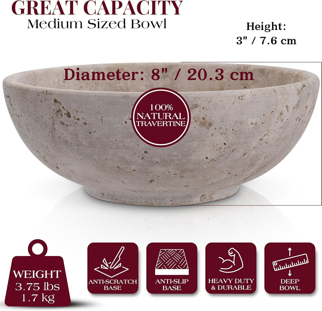 8" Decorative Travertine Bowl for Coffee Table - Elegant Centerpiece, Aesthetic Fruit Bowl Counter - Heavy Stone
