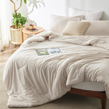Comforter Set - Beige Soft Bedding for All Seasons, Cationic Dyed Bed Set, 3 Pieces