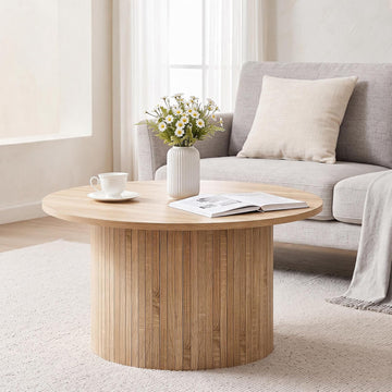 31.5" Round Coffee Table with Fluted Pedestal Base, Natural
