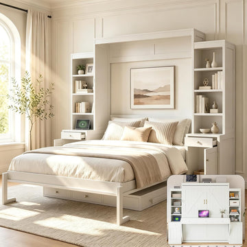 Queen Murphy Bed with Desk, Wall Bed Cabinet with Storage Shelves, Enclosed Cabinets and Hidden Foldout Workstation