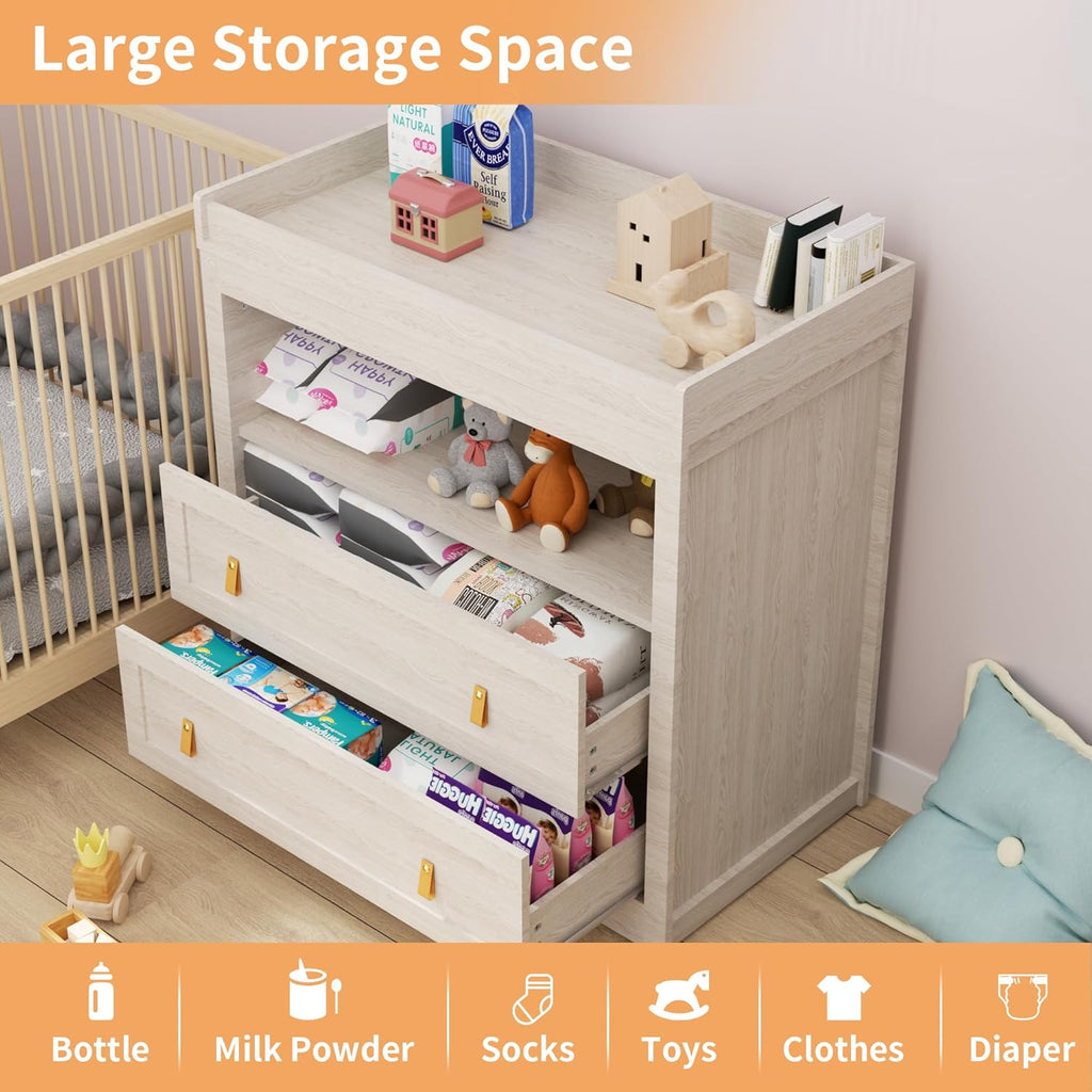 Baby Dresser 35.4"Diaper Changing Station with Changing Table Top Beige