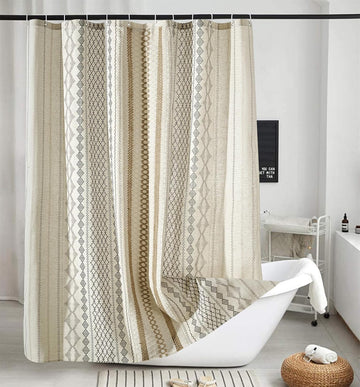 Modern Farmhouse Shower Curtain, Water Resistant Privacy Natural Linen Textured Fabric, Boho Vintage Tribal Geometry