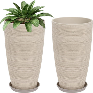 Set of 2 Tall Planter, 21 inch Large Planter, Oat Color | Ceramic-Look, Lightweight, Built-in Drain Hole, Saucers