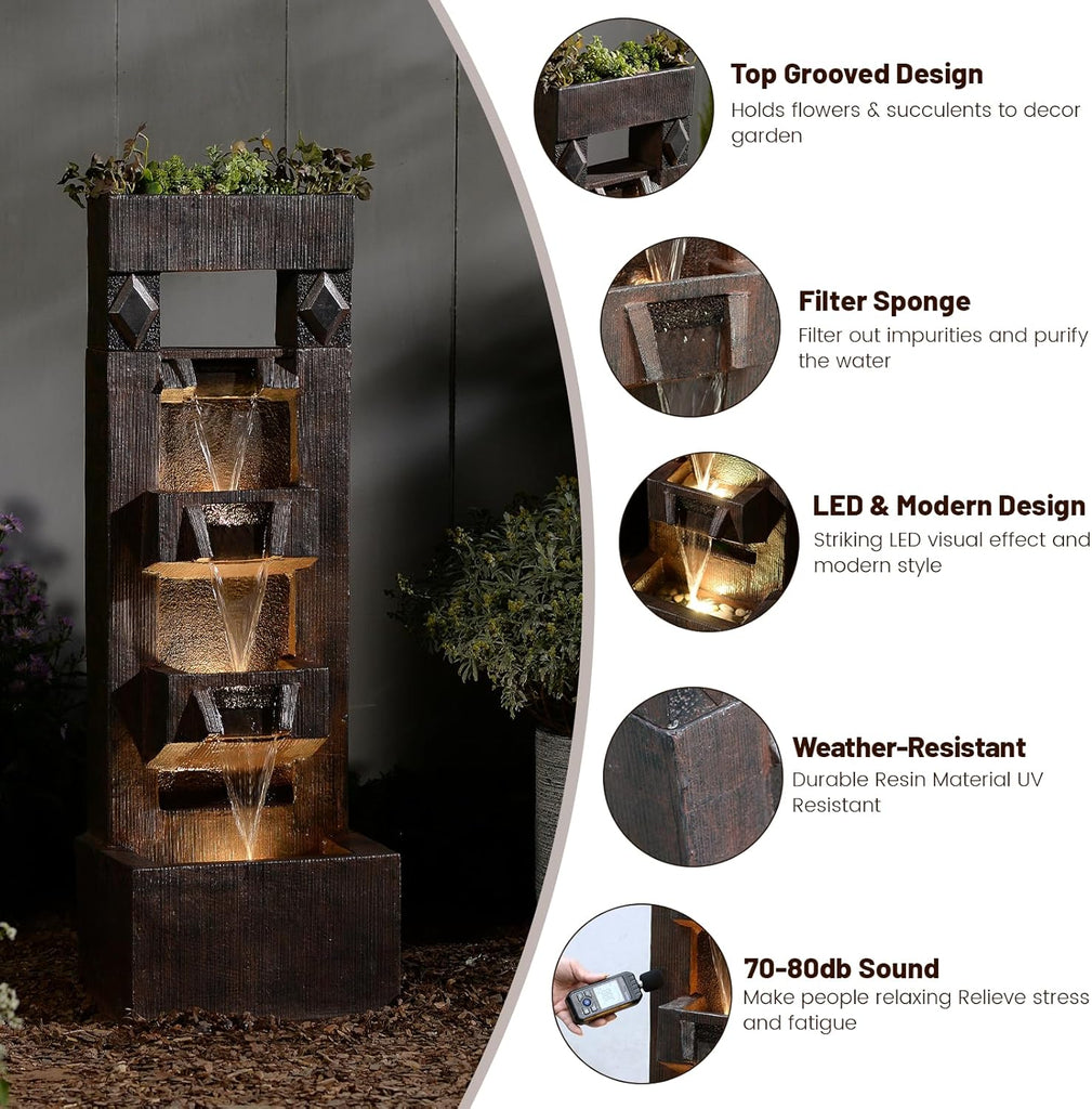 40.9" H 4-Tier Indoor/Outdoor Modern Water Fountain with Led Lights and Pump, Outdoor Freestanding Cascading Waterfall