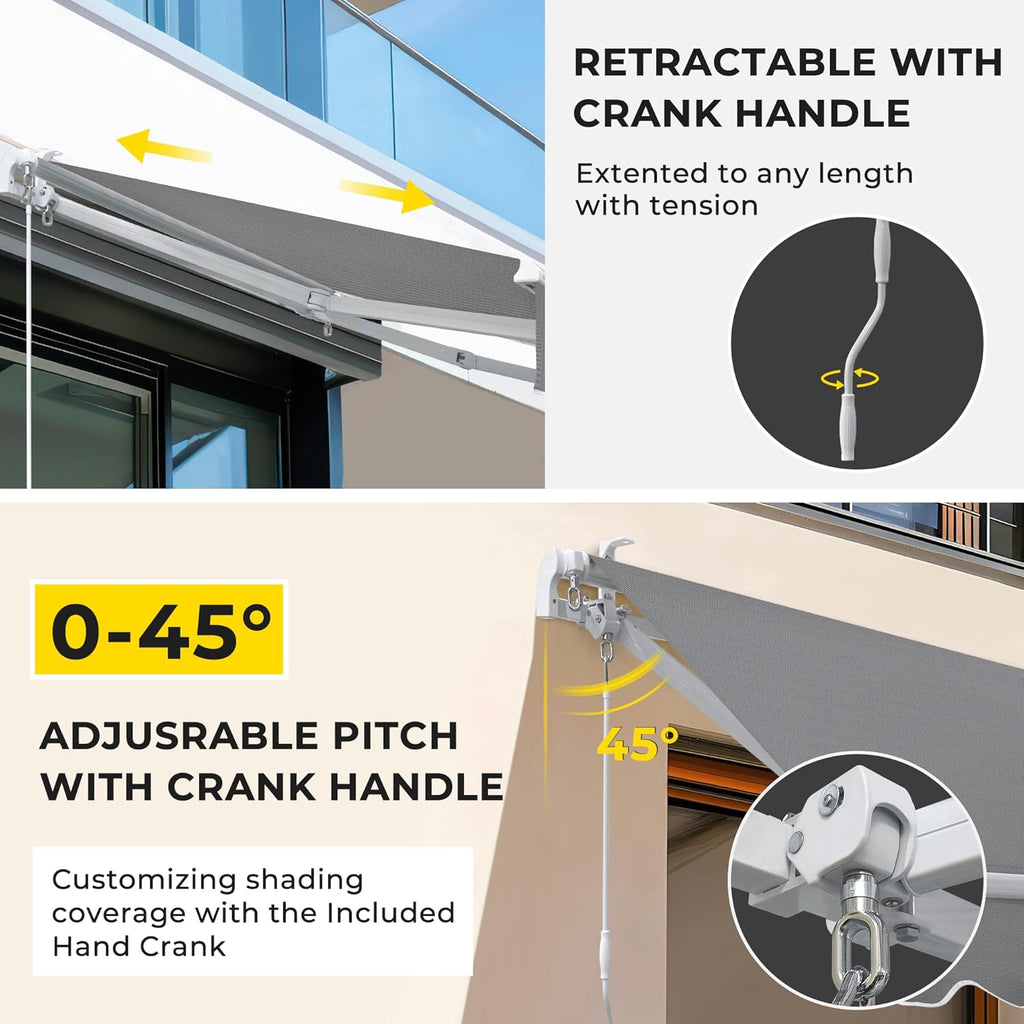 9.8'x8.2' Patio Awning Retractable Fully Assembled, Grey | Manual Sunshade Shelter Outdoor Deck Canopy Balcony Awning