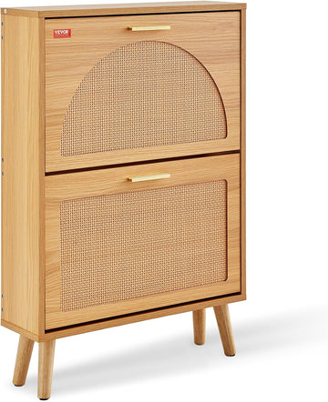 Shoe Cabinet with 2 Flip Drawers, Shoe Storage Cabinet , Free Standing Shoe Storage Organizer with Rattan Doors for