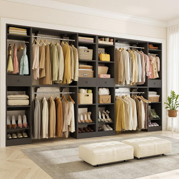 10-15FT Closet Systems, Large Wood Walk in Closet Organizer with Hanging Rods and Drawers, Heavy Duty Closets