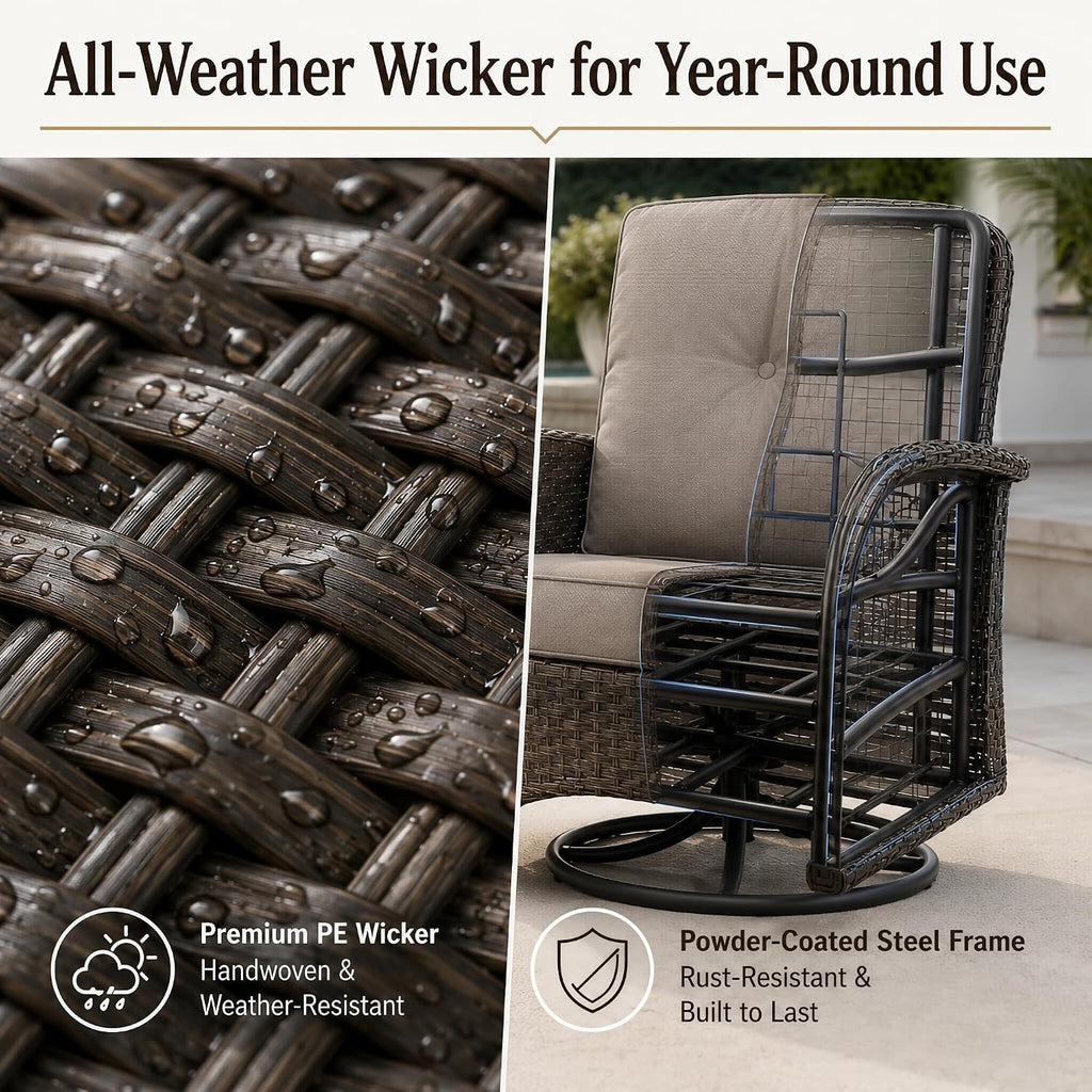 3 Piece Wicker Patio Swivel Rocker Set with Table, Brown/Grey | PE resin wicker, rust-resistant frame, glass top