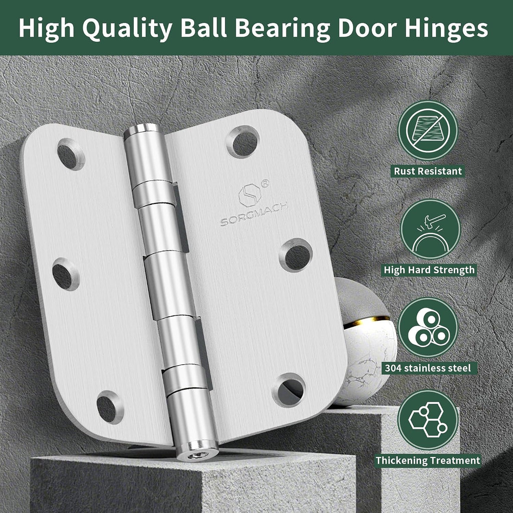 304 Stainless Steel 3.5 Inch Door Hinges Brushed Satin Nickel Interior Hinges 5/8" Radius Corners 3.5'' Ball Bearing