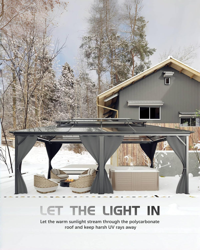 Hardtop Gazebo 12 ft x20 ft for All Weather, Double Polycarbonate Sheets Roof, Aluminum Alloy Frame, Net