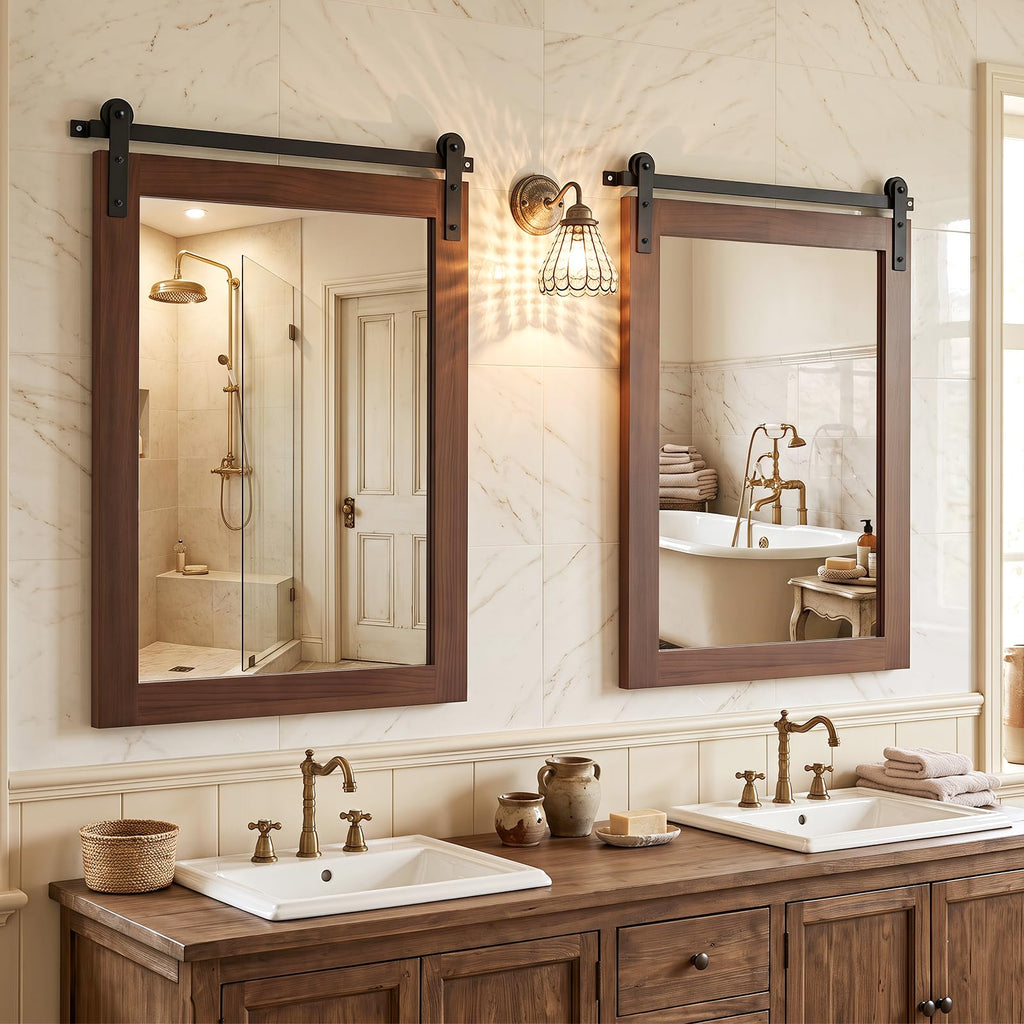 Farmhouse Barn Door Wall Mirror, 29"x23", Walnut