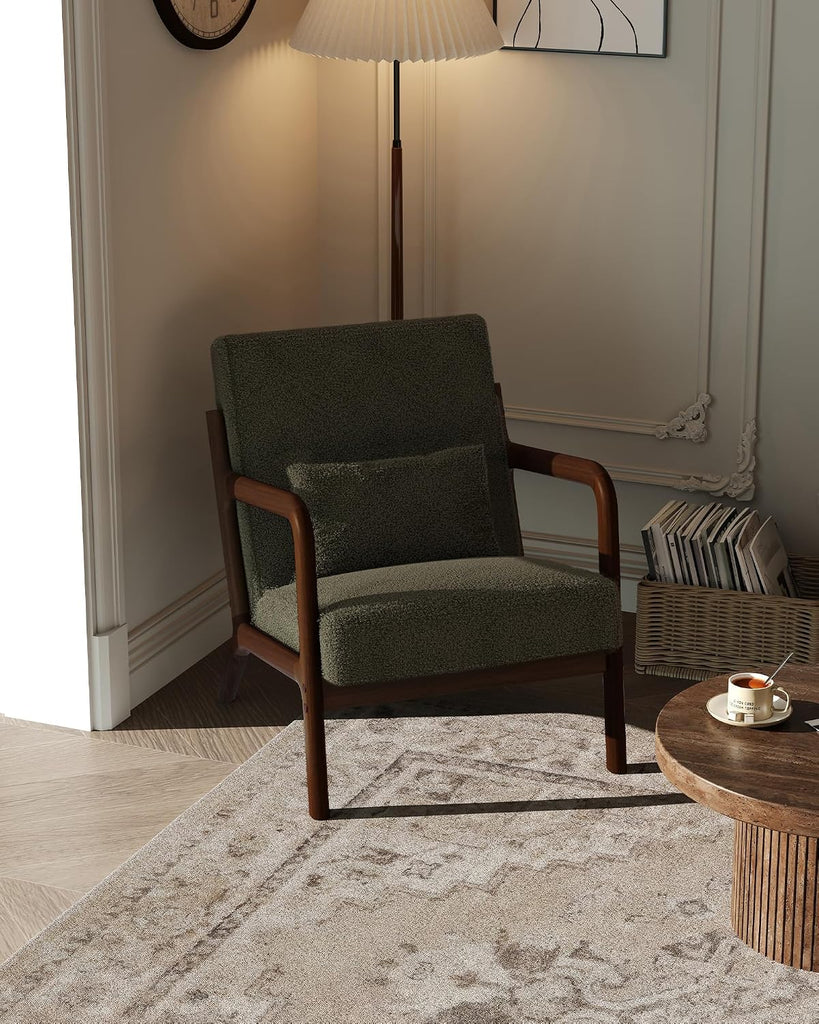 Mid-Century Modern Accent Chair, Chenille Upholstered Armchair with Wood Frame and Lumbar Pillow, Cozy Reading Chair