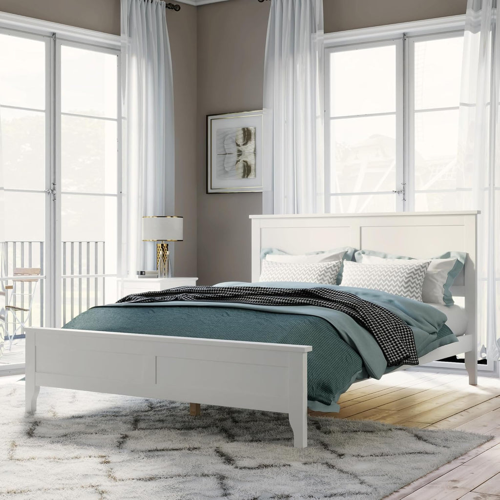 Modern Farmhouse Platform King Bed Frame, Solid Wood Platform Bed Frame with Headboard, Sturdy Wooden Foundation with Wood Slats for Living Room, Rustic Pine - White