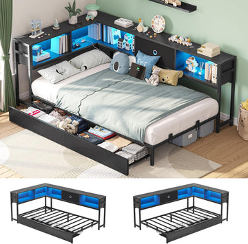 Twin Corner Bed Frame with Storage Drawers and Bookcase Headboard, Twin Size Metal Platform Corner Bed Frame with