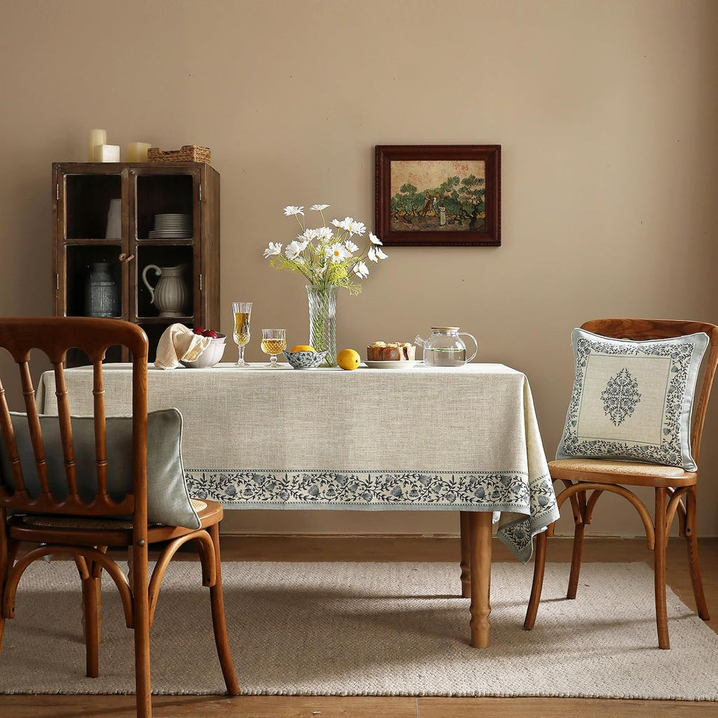 Designer Vintage Linen Elegant Rectangular Tablecloth,Chinoiserie Floral Indoor Table Cloth,Wrinkle 