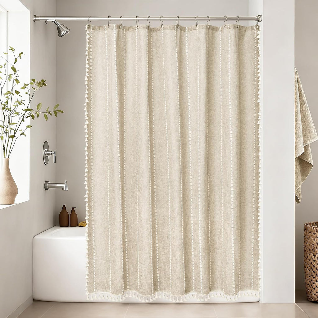 Boho Farmhouse Linen Shower Curtain with Tassels, Heavyweight Soft Fabric Shower Curtain Beige Water Repellent, 72 x