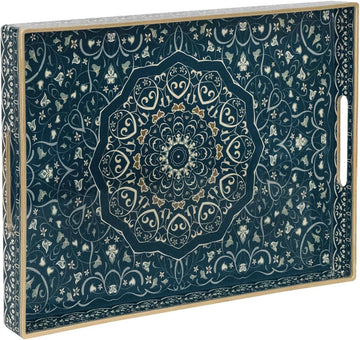 Serving Tray with Handles, Plastic Rectangular Tray for Coffee Table, Dark Blue Boho Decorative Trays for Ottoman