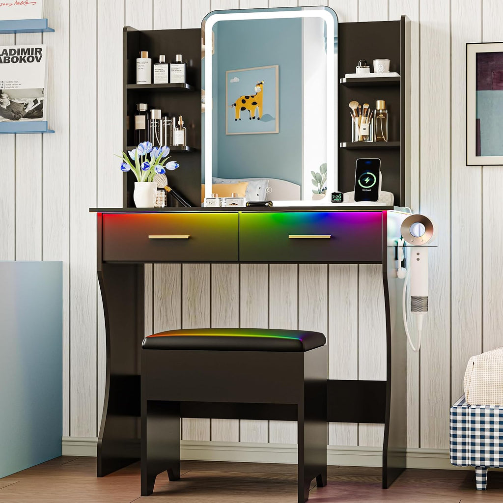 Vanity Desk with LED Lights Mirror & Power Outlet, Small Makeup Vanity Table Set with Storage Drawers & Chair, 3