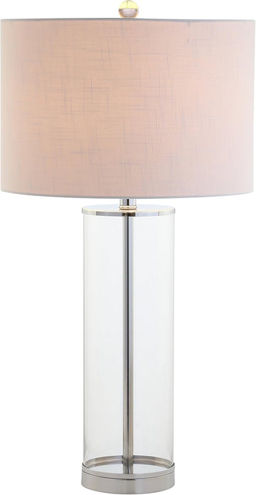 29" Clear/Chrome Modern Glass Table Lamp Bedroom, Minimalist Nightstand Bedside Lamp, White Linen Dr