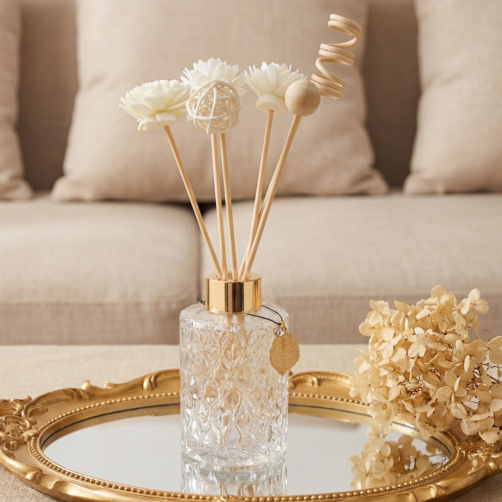 Glass Reed Diffusers Bottles, Diffuser Bottles with Reed Diffuser Sticks Set, Vintage Embossed Apothecary Style