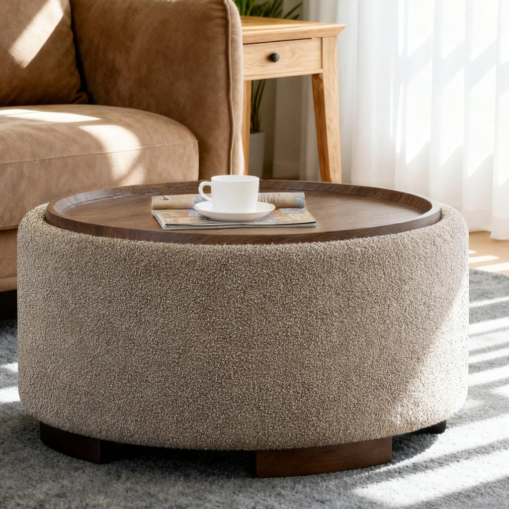 29.5 Inch Round Storage Ottoman Coffee Table, Brown Teddy