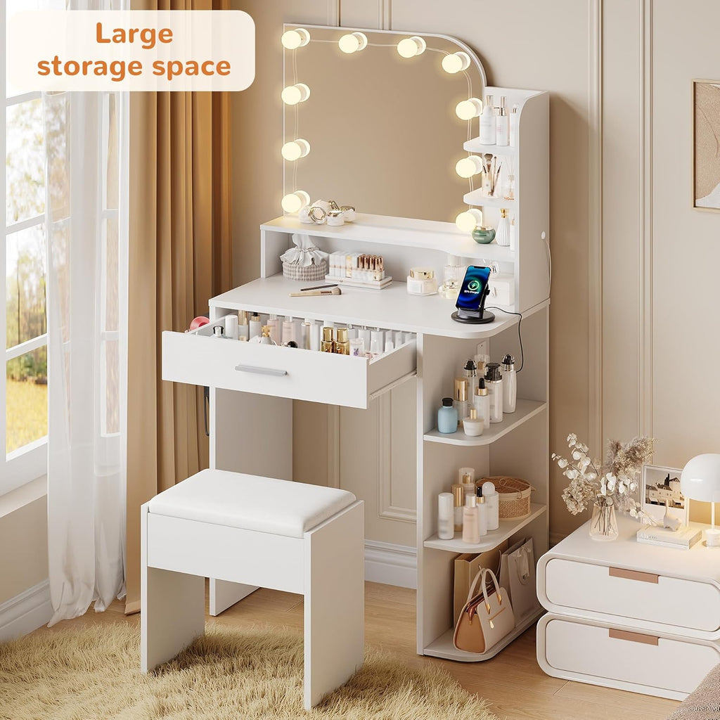 Small Vanity, Set with Big Mirror, Lights & Chair, for Girls, White | Small footprint, huge storage, 14.2×26.5×54.4"