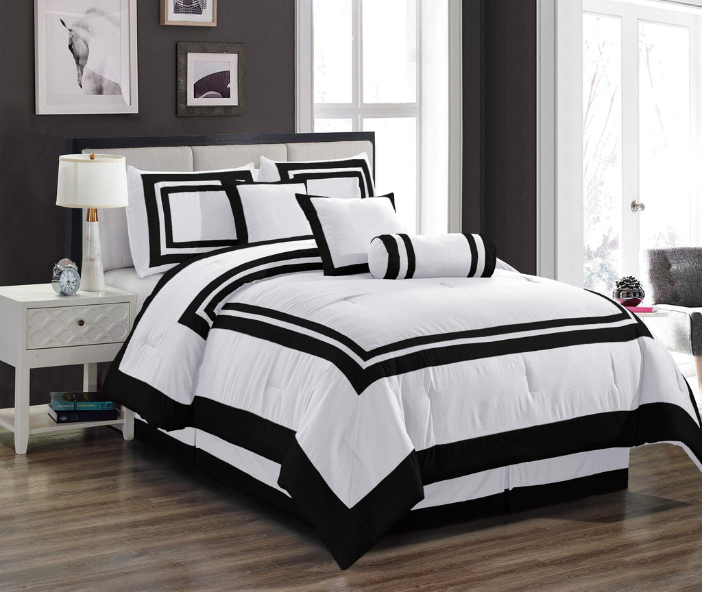 Caprice 7-Piece Hotel Style Comforter Set - White/Black Square Pattern Modern Color Block Bedding with Decorative