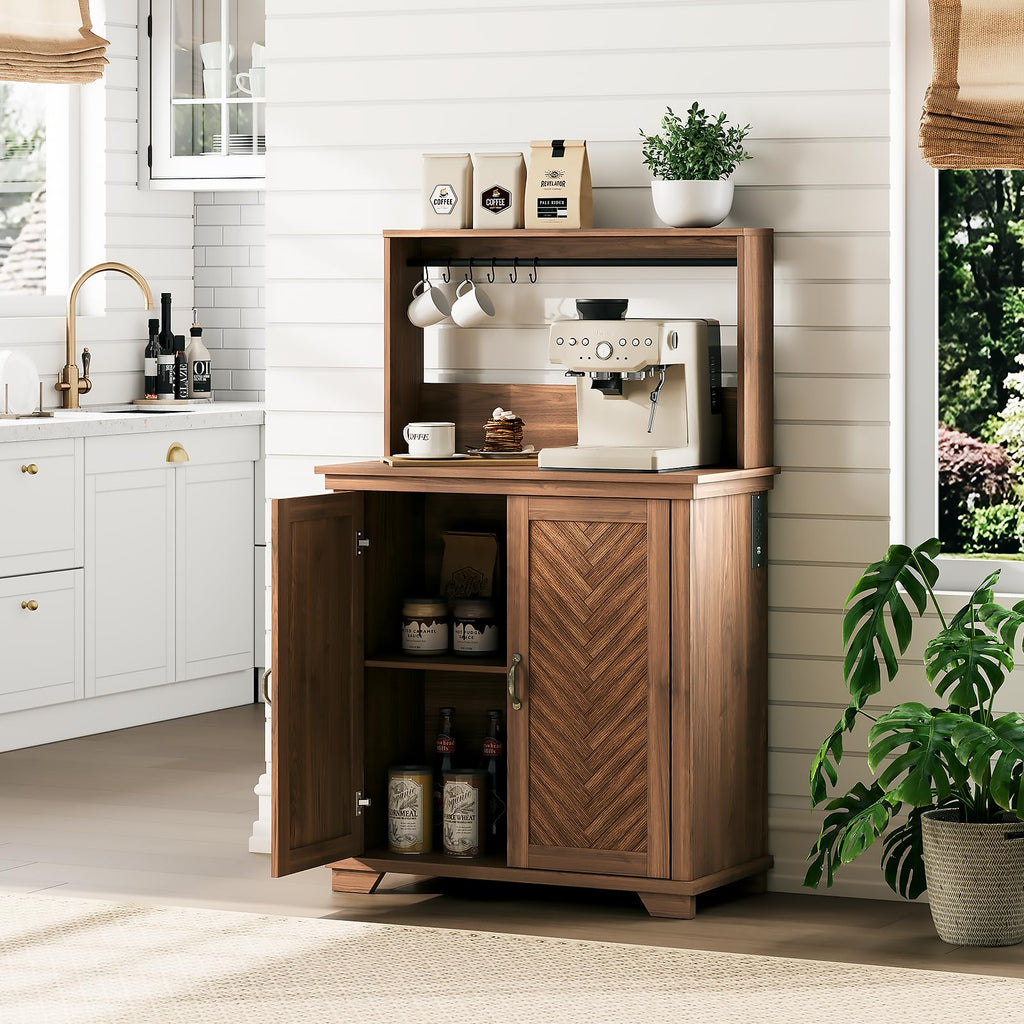 Coffee Bar Cabinet with Storage and Charging Station, Walnut