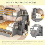 Wooden Twin Over Full Stairway Bunk Bed with Three Storage Drawer, Storage Staircase