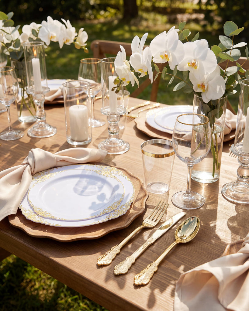 700Pcs Gold Plastic Plates, Plastic Dinnerware Set for 100 Guests