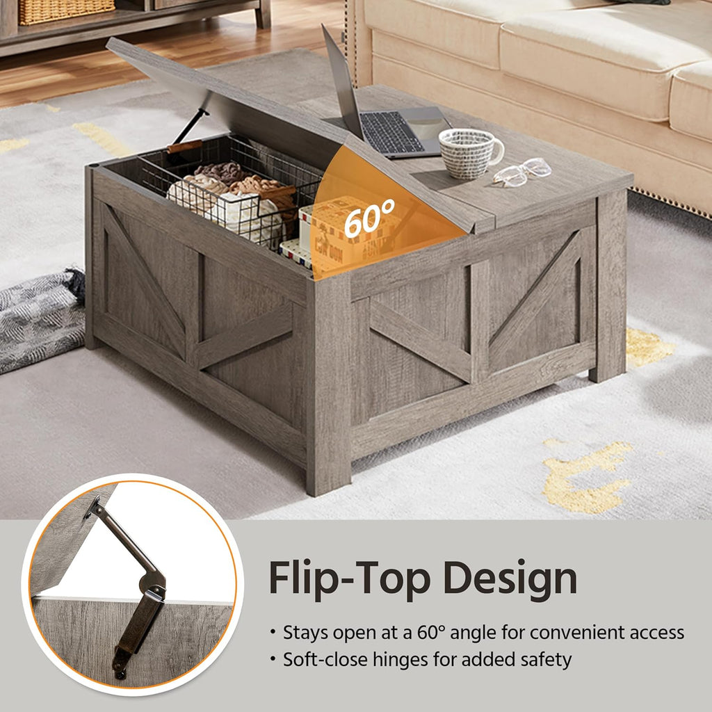 Lift Top Coffee Table, Square Farmhouse Coffee Table with Hidden Storage Compartment, Wood Center Table, Gray