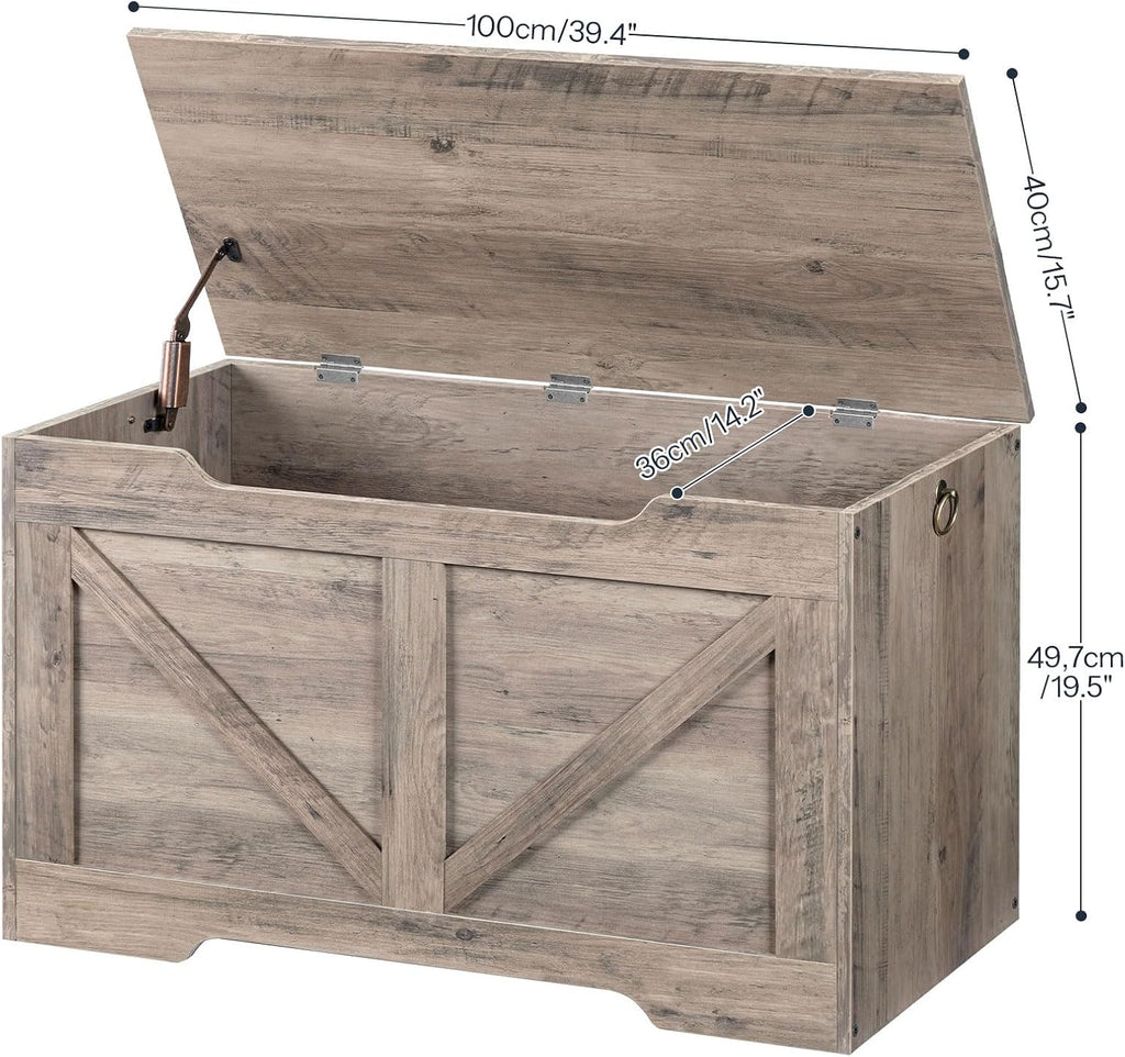 Storage Bench, 39.4" Retro Wooden Storage Chest with U-Shaped Cut-Out Pull, Safety Hinge, Supports 220 lb and Easy
