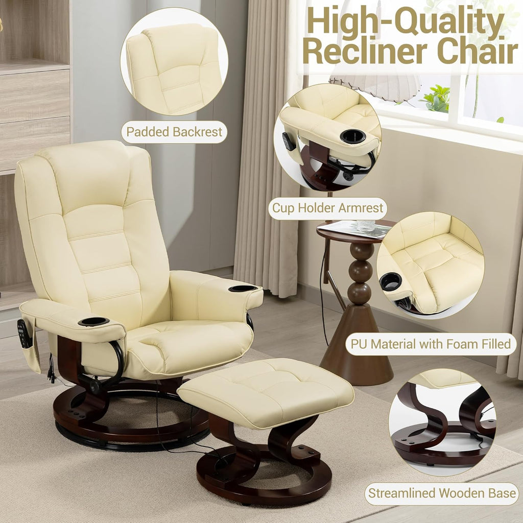 Modern Reclining Swivel Lounge Chair and Ottoman — Beige PU Leather