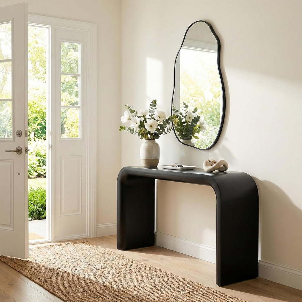 Irregular Wall Mirror 30"x16.5", Small Asymmetrical Mirror for Wall Decor, Matte Black Rust Proof Aluminum, Tempered