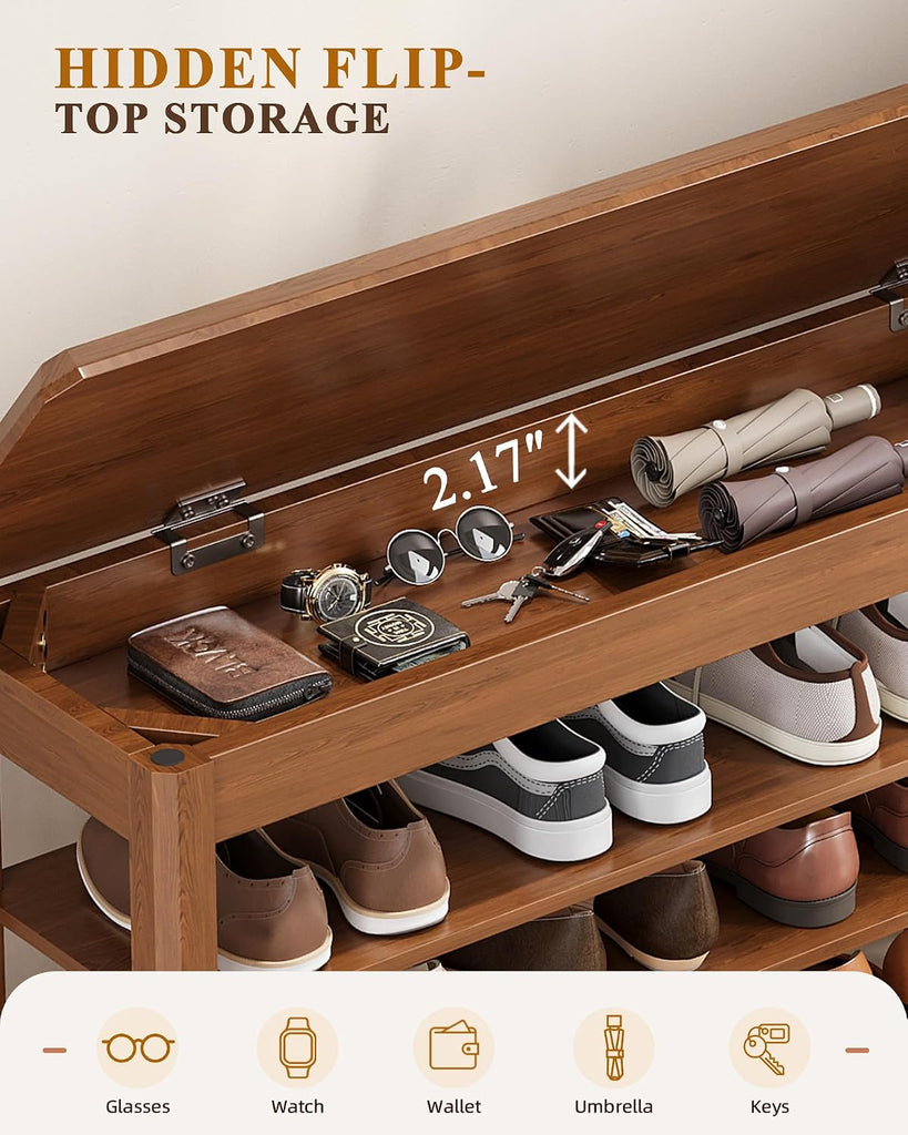 Shoe Rack Bench Seat Rubberwood 3-Tier Wooden Storage Bench 550lbs Compact Mid-Century Modern Design , Closet, Front