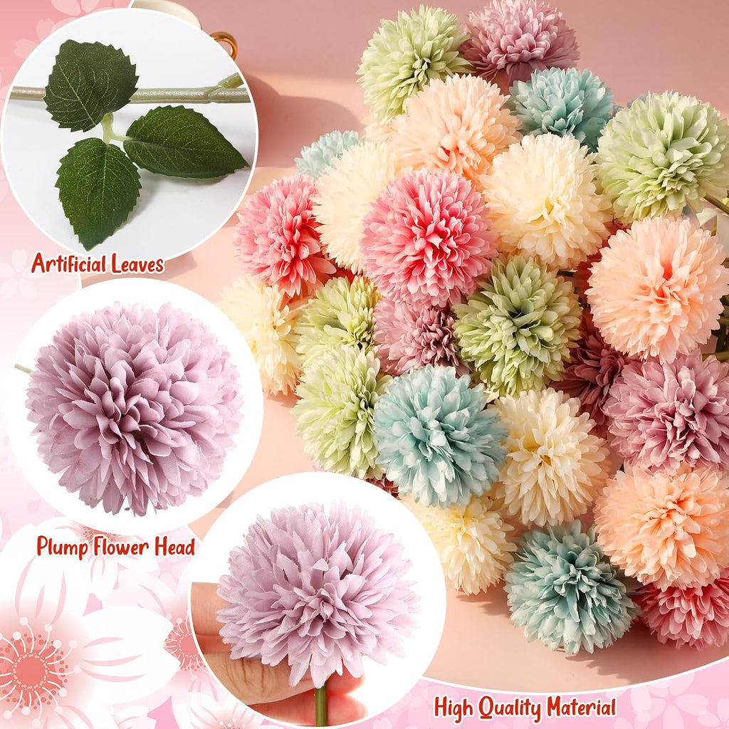 36 Pcs Pastel Artificial Chrysanthemum Flowers Faux Flower Ball Bouquet Silk Fake Marigold Mum for Easter St Patricks
