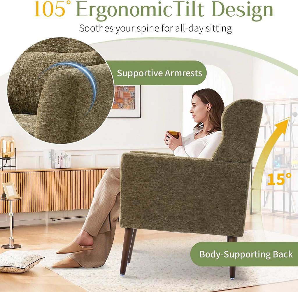 Accent Arm Chairs , Chenille Upholstered Mordern Armchair, Comfy Soft Padded Lounge Chair , Pillow, Solid Wood Leg