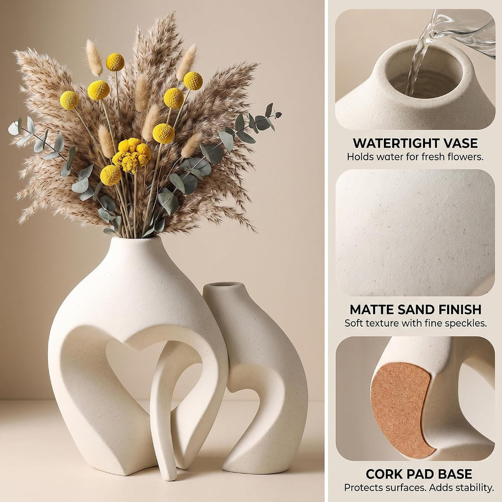 White Ceramic Flower Vase Home Table Decor Heart Shaped Vase Set of 2 | Boho Heart Shaped Minimalist Decorative Vases